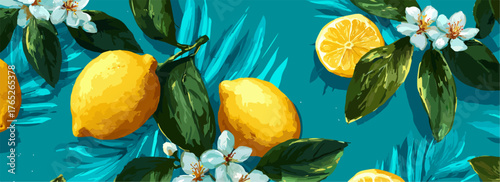 鮮やかなターコイズの背景に、瑞々しいレモンと可憐な白い花、生き生きとした緑の葉が美しく配置された、夏らしい爽やかな雰囲気のシームレスなベクターパターンデザイン。