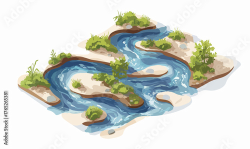 砂浜と緑豊かな植物に囲まれた、曲がりくねった川の流れを上空から捉えた美しいベクターイラストレーションで、自然の穏やかさを表現しています。