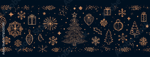 煌めく雪の結晶、華やかなオーナメント、そしてモミの木が美しく配置された、クリスマスと冬の季節を彩る洗練されたベクターシームレスパターンデザインは、祝祭的な雰囲気を演出します