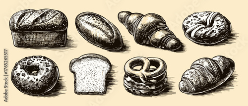 手描きのパンのベクターイラストセットは、ベーカリー、カフェ、レストランのメニューやデザインプロジェクトに最適です。