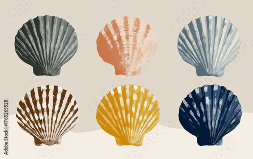 様々な色合いのホタテ貝のベクターイラストが並び、海のモチーフを表現しています。