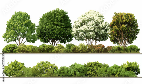 様々な種類の木々や低木が並ぶ、景観デザインやイラスト制作に活用できるベクター素材のセット。