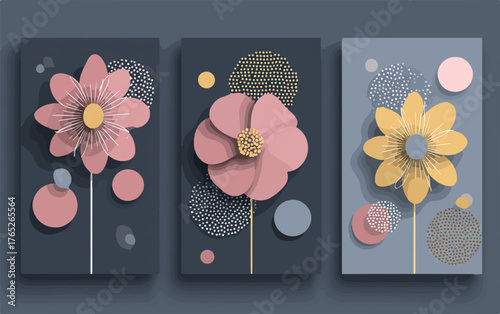 柔らかなパステルカラーで表現された立体的な抽象花が特徴的なモダンアートパネルの三連作は、洗練された空間を彩る壁面装飾やインテリアデザイン、グラフィック素材として多目的に活用できます。