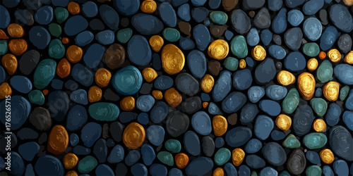 深い青と輝く金色の小石が美しく配置された、自然で有機的なパターンが特徴の装飾的な背景デザインは、多様な用途に利用可能です。