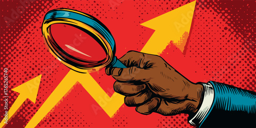 ビジネスの成長と市場の動向を拡大鏡で詳細に分析し、未来の成功に向けた戦略的洞察を深める鮮やかなポップアートスタイルのベクターイラスト。