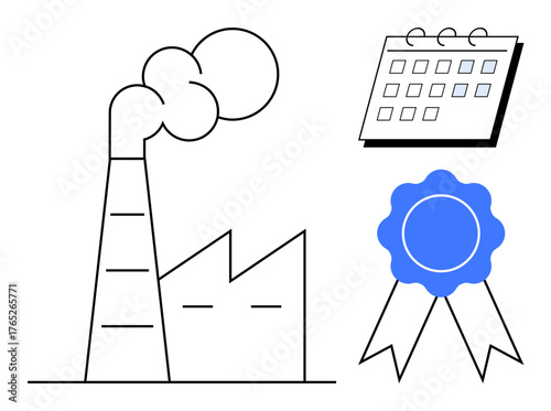 Industrial factory emitting smoke with a calendar and a blue ribbon. Ideal for manufacturing, production planning, industry certification, schedules, quality control, project deadlines, sustainable