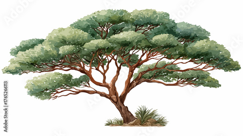 緑豊かなアカシアの木、広がる枝葉が生命力と自然の美しさを表現しています。