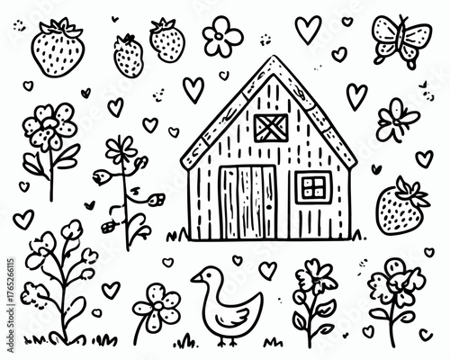 田舎の風景に囲まれた、可愛らしい農場のイラスト。イチゴ、花、蝶、アヒル、そして納屋が描かれています。