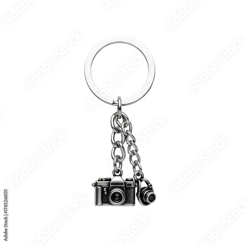 Camera keychain isolated on transparent background, a miniature replica of a classic camera with a metal finish