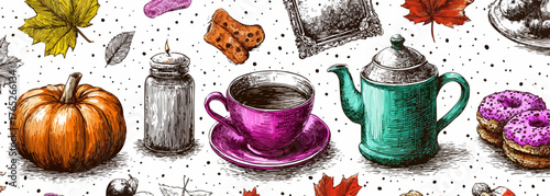 秋の収穫と温かい飲み物、お菓子を楽しむイラストレーション、ベクター素材