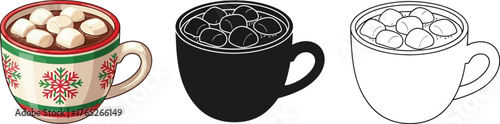 Cup of hot chocolate with marshmallows in color, silhouette, and outline style