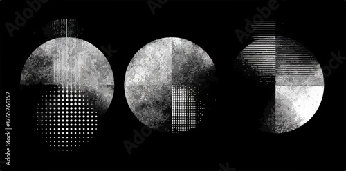 抽象的な円形のデザイン要素が並び、テクスチャとグリッドパターンが組み合わされています。