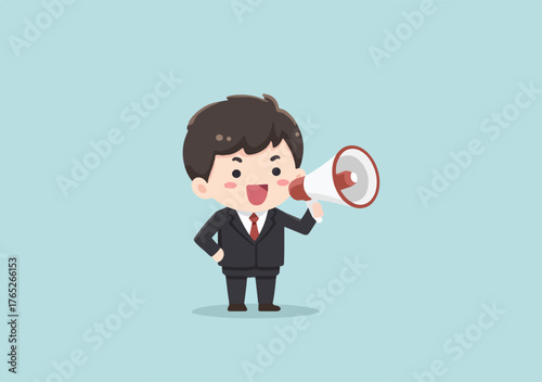 拡声器を持つビジネスマンの可愛いベクターイラスト、お知らせや告知に最適です。