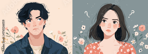 若い男女のポートレート、感情的な対立と人間関係の複雑さを表現