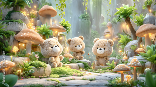 soft cute bear wallpaper for baby nursery design Three cute bears in a magical forest setting. pastel kawaii bear background for kids room cozy fluffy bear illustration for wall decor