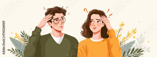 困惑した表情で額に手を当てる若い男女、疑問符が浮かぶ様子、植物の装飾