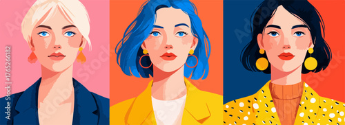 多様な女性のポートレートイラスト、自信に満ちた表情で、現代的なファッションに身を包む。