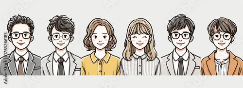 多様な人々が笑顔で並ぶ、ビジネスシーンを想起させるベクターイラスト