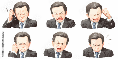 ビジネスマンの苦悩を表す様々な表情と仕草のベクターイラストセット