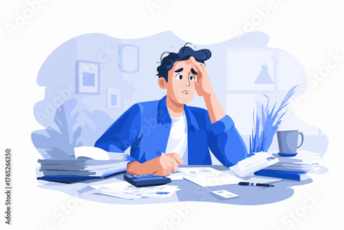 仕事に追われ、ストレスを感じている男性のイラスト。疲労困憊で頭を抱えている。