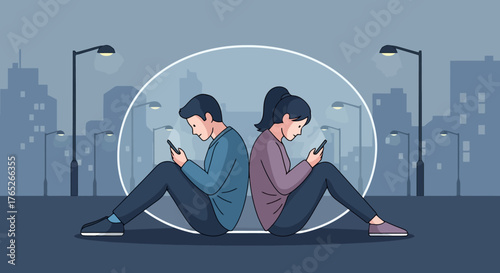 Modern depiction of social isolation and digital disconnect between individuals, emphasizing technology's impact on relationships and communication in urban settings.