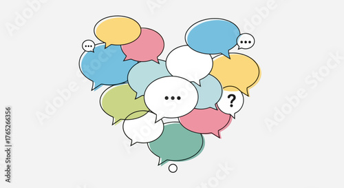 Colorful Speech Bubbles Arranged in Heart Shape for Communication, Social Connection, and Diverse Opinion Expression in Vector Illustration