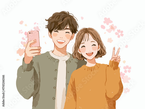 桜の下でスマホで自撮りを楽しむ若いカップル、幸せな瞬間を捉える