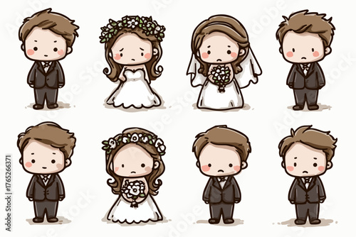 結婚式をテーマにした可愛いキャラクターのセット、新郎新婦やブライズメイド、グルームズマンのイラスト素材です。