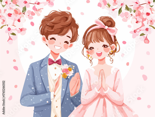 桜の木の下で幸せそうに微笑む、結婚式のカップル。愛と祝福に満ちた、心温まるイラスト。