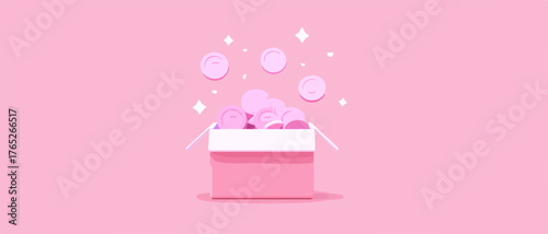 箱から溢れるピンク色のコインとキラキラした輝きが印象的なベクターイラスト