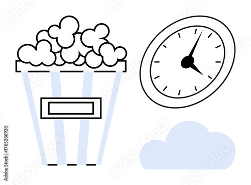 Popcorn bucket, analog clock, and cloud highlight themes of leisure, entertainment, time management, movie nights, relaxation, scheduling and mindfulness. A simple flat metaphor