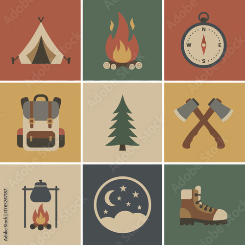 Camping Adventure Icons Nature, Gear & Exploration