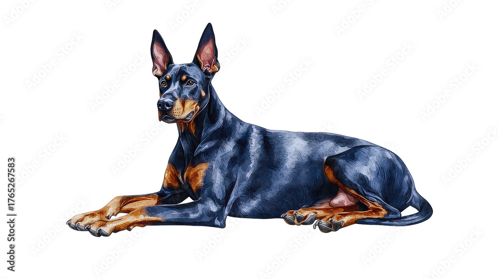 Obraz premium Alert Doberman Pinscher dog cartoon illustration lying down calmly