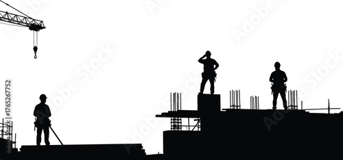 Construction workers silhouette, building site teamwork, crane lifting hook, rebar structure, industrial labor, safety helmet, teamwork effort,