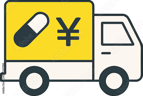 Delivery truck transporting pharmaceuticals and currency symbols for healthcare logistics and finance