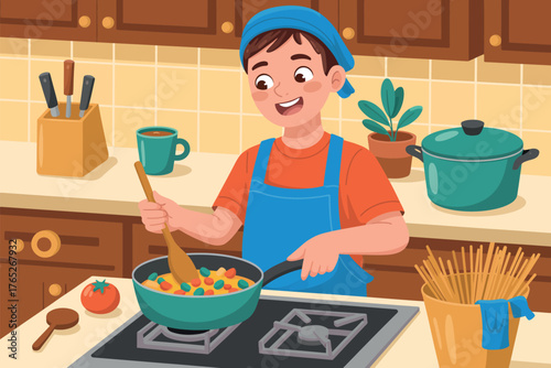 Smiling Child with Down Syndrome in Kitchen – Cooking Vegetables on Stove, Surrounded by Tomato, Carrots, Pot, and Plants in Warm Home Environment