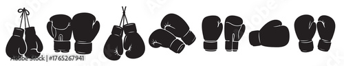 Set of black silhouette boxing gloves in various poses, isolated on white background, graphic illustration. concept of sports gear, fitness equipment, combat sport, icon, logo. vector