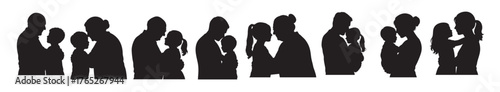 Set of adult and child black silhouettes hugging each other on white background. Concept of family love, emotional support, intergenerational bonding, care illustration, togetherness, embrace vector