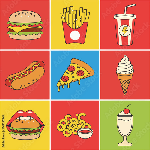 Fast Food Feast A Colorful Grid of Culinary Delights for Your Appetite