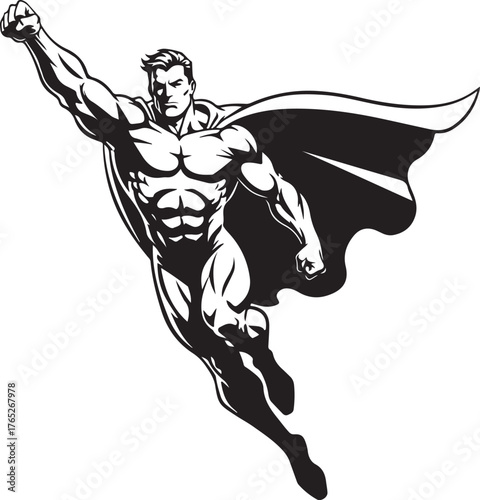 Muscular superhero flying upward with cape symbolizing power and heroism and justice