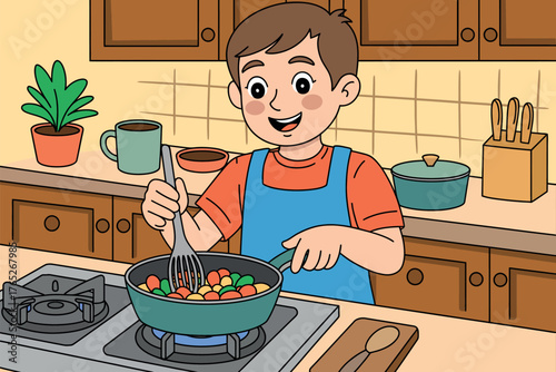 Happy Boy with Down Syndrome Cooking Vegetables in a Cozy Kitchen – Child in Orange Shirt and Blue Apron Stirring Pan with Fresh Ingredients and Utensils