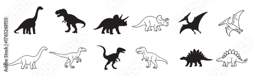 Set of Black silhouettes and outlines of dinosaurs in various poses, isolated on white background, graphic illustration. concept of ancient reptiles, prehistoric animals, icon, design element