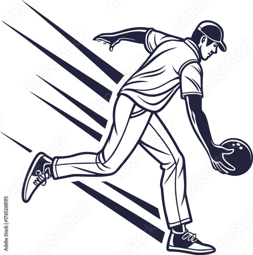 A dynamic illustration of a bowler mid-action. Wearing a cap, he strides forward, holding a bowling ball. Speed lines emphasize motion and focus.