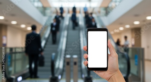 Wallpaper Mural A hand holds a smartphone with a blank screen in the foreground, while blurred figures ascend an escalator in a modern, well-lit interior space. Torontodigital.ca