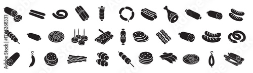 Set of Black silhouettes of various meats and sausages isolated on white background. concept of food icons, butcher shop, delicatessen items, cooking ingredients, design elements