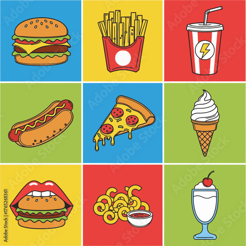 Fast Food Icons Colorful Vector Set of Popular Dishes and Desserts