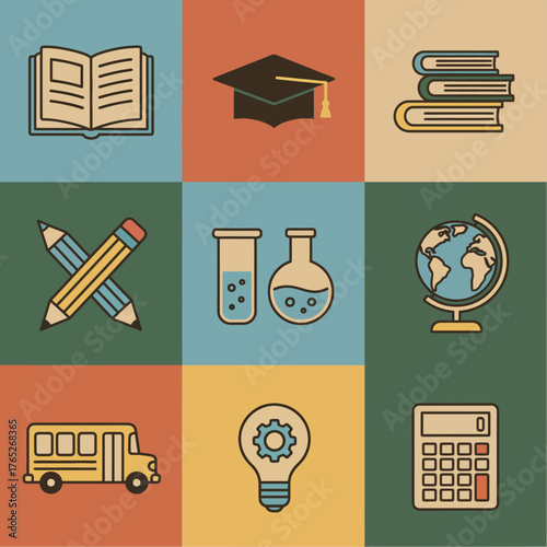 Education Icons Knowledge, Learning and School Symbols for Academic Success