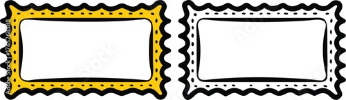 Two whimsical, rectangular frames with wavy edges stand side by side. One is yellow with black dots, the other white with black dots, on a white background.