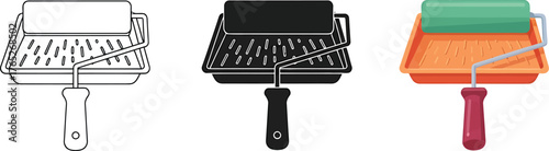 Paint roller and tray set vector illustration in various styles