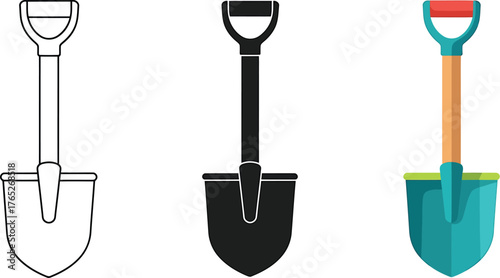 Shovel Illustrations in Various Styles Including Outline Silhouette and Colorful Design